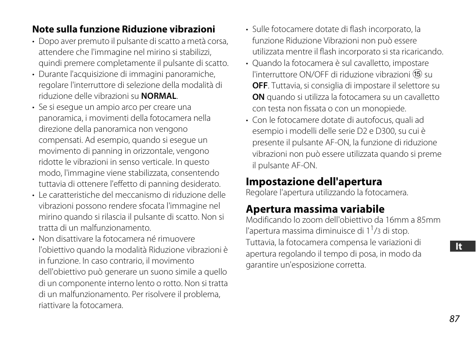 Note sulla funzione riduzione vibrazioni, Impostazione dell'apertura, Apertura massima variabile | Nikon AF-S DX 16-85mm f-3.5-5.6G ED VR User Manual | Page 87 / 128