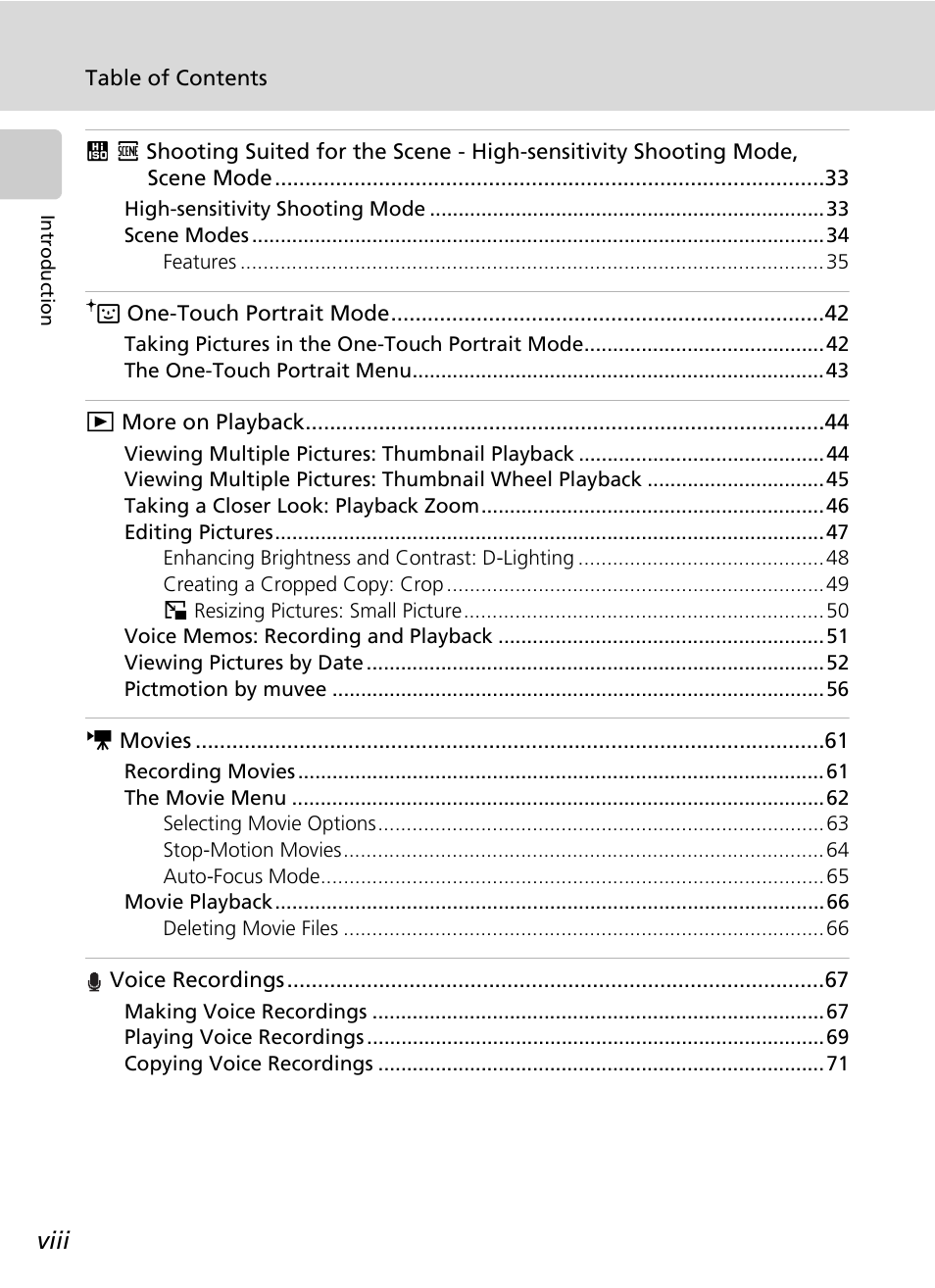 Viii | Nikon S51 User Manual | Page 10 / 151