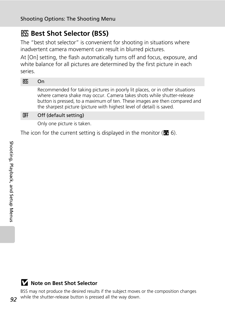 Best shot selector (bss), C 92), iso, C 92 | Abest shot selector (bss) | Nikon S51 User Manual | Page 104 / 151