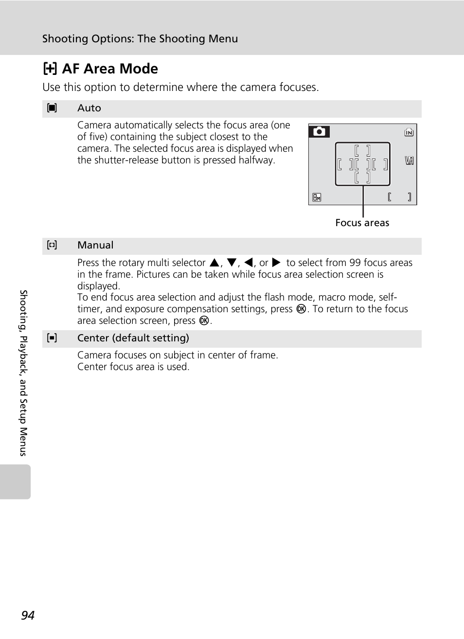 Af area mode, C 94) to s, C 94) | Kaf area mode | Nikon S51 User Manual | Page 106 / 151