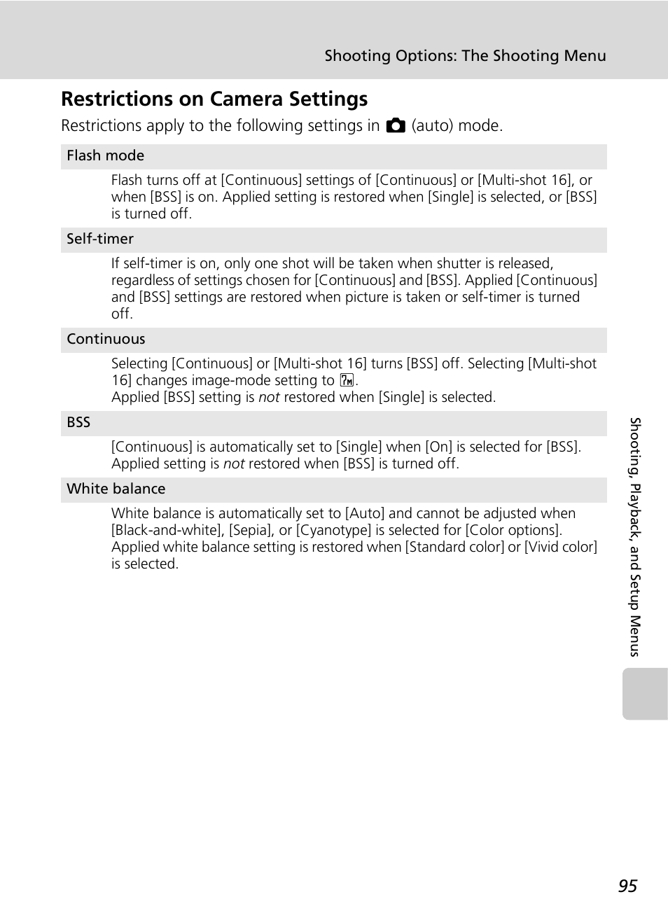 Restrictions on camera settings, C 95 | Nikon S51 User Manual | Page 107 / 151
