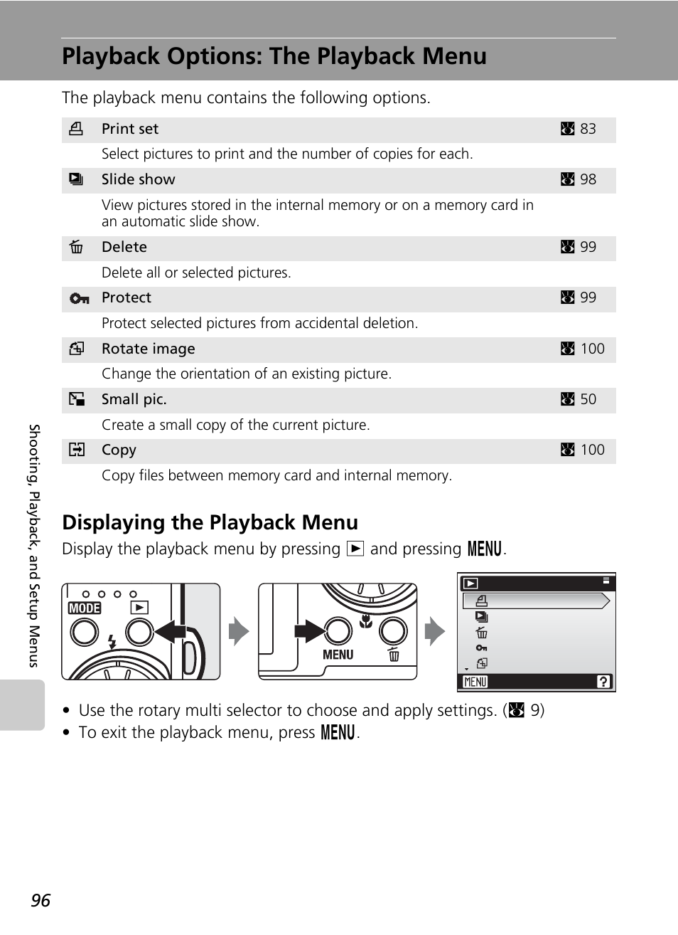 Playback options: the playback menu, Displaying the playback menu, C 96) | Nikon S51 User Manual | Page 108 / 151