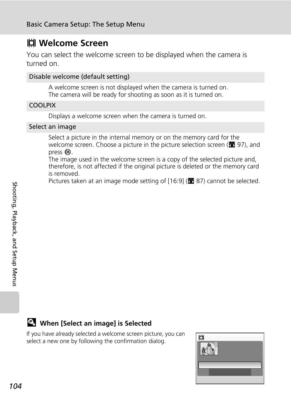 Welcome screen, C 104), Lcome screen (c 104) | Vwelcome screen | Nikon S51 User Manual | Page 116 / 151