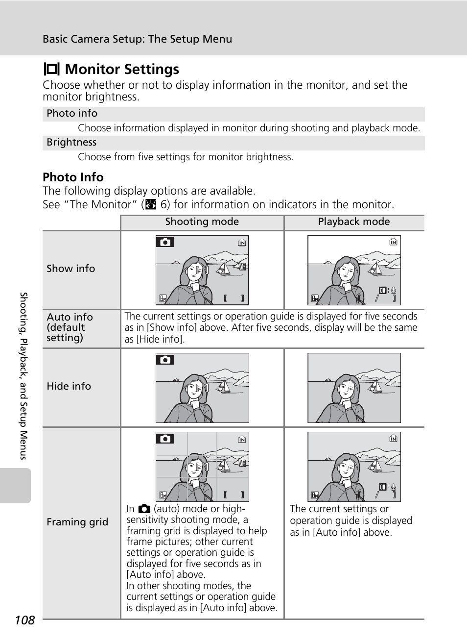 Monitor settings, Zmonitor settings, Photo info | Nikon S51 User Manual | Page 120 / 151