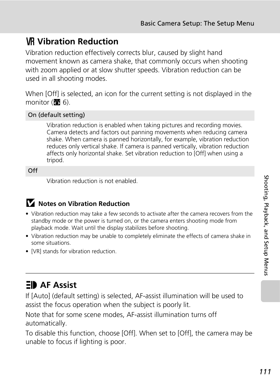 Vibration reduction, Af assist, C 111) | On (c 111), N (c 111), Bvibration reduction, Uaf assist | Nikon S51 User Manual | Page 123 / 151