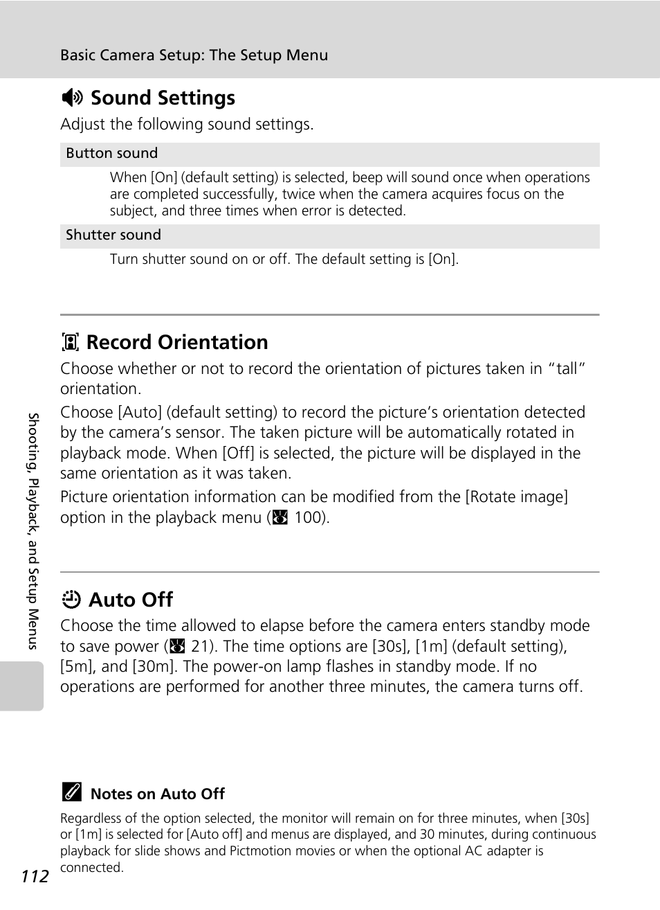 Sound settings, Record orientation, Auto off | C 112), Hsound settings, Irecord orientation, Iauto off | Nikon S51 User Manual | Page 124 / 151