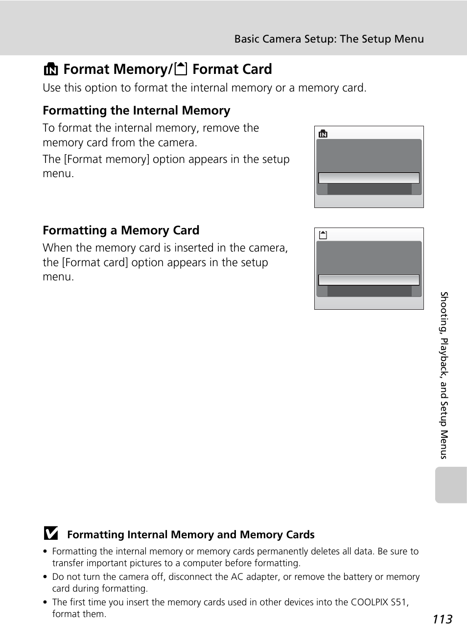 Format memory/format card, Format memory/o format card, C 113) | Nikon S51 User Manual | Page 125 / 151