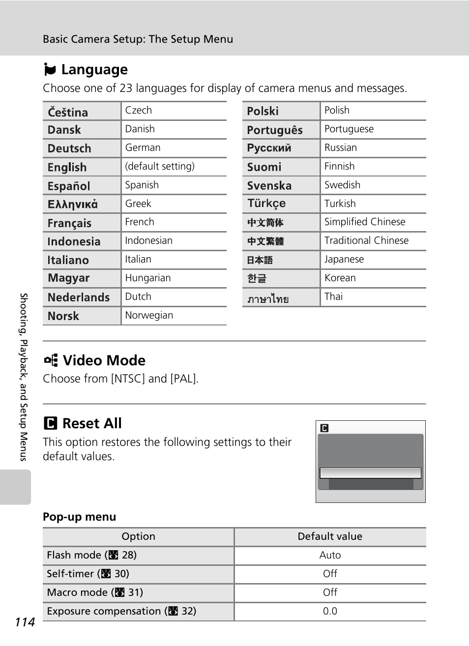 Language, Video mode, Reset all | Jlanguage, Kvideo mode, Nreset all | Nikon S51 User Manual | Page 126 / 151