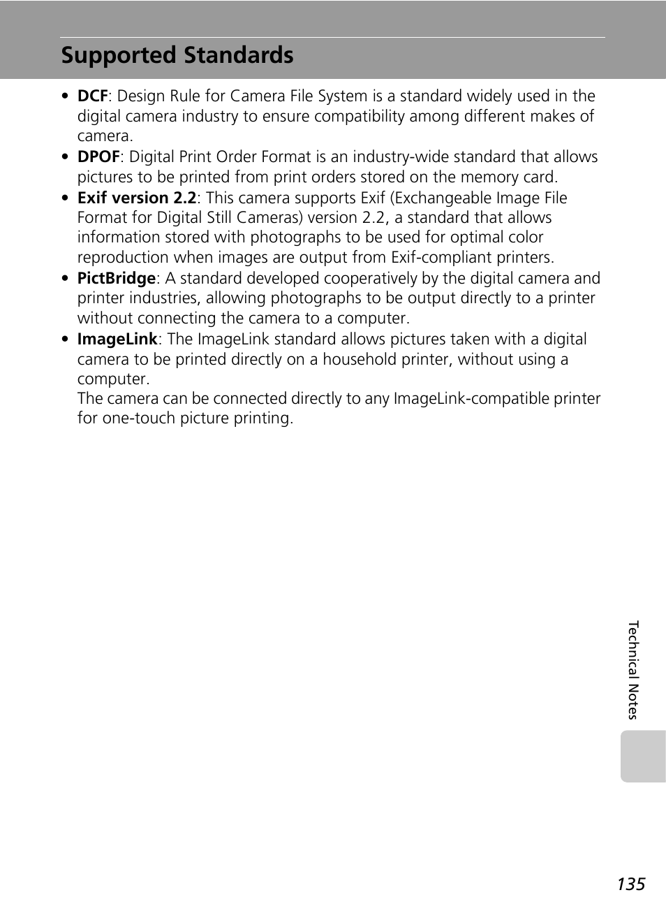 Supported standards, E (c 135) pri, C 135) | Nikon S51 User Manual | Page 147 / 151