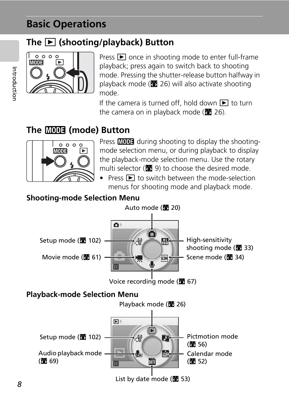 Basic operations, The (shooting/playback) button, The (mode) button | C 8) | Nikon S51 User Manual | Page 20 / 151