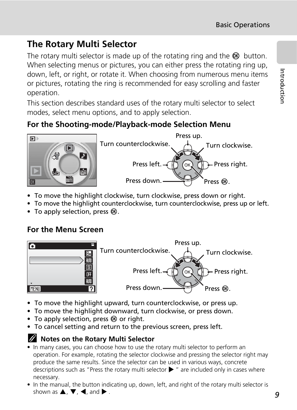 The rotary multi selector, C 9), For the shooting-mode/playback-mode selection menu | For the menu screen | Nikon S51 User Manual | Page 21 / 151