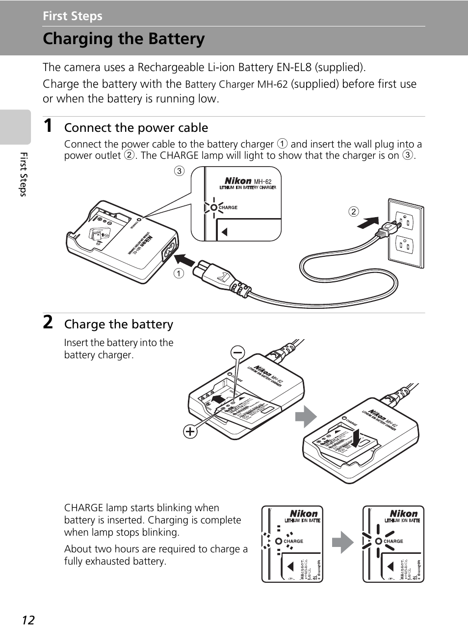 First steps, Charging the battery | Nikon S51 User Manual | Page 24 / 151