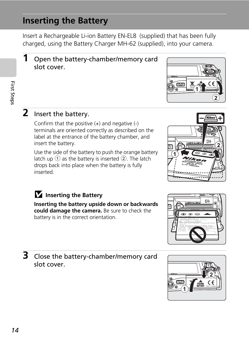 Inserting the battery, C 14, C 14) | Nikon S51 User Manual | Page 26 / 151