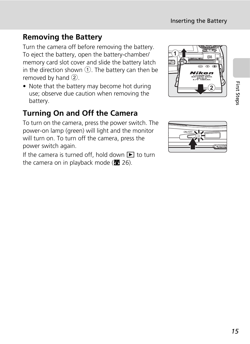 Removing the battery, Turning on and off the camera, Removing the battery turning on and off the camera | Nikon S51 User Manual | Page 27 / 151