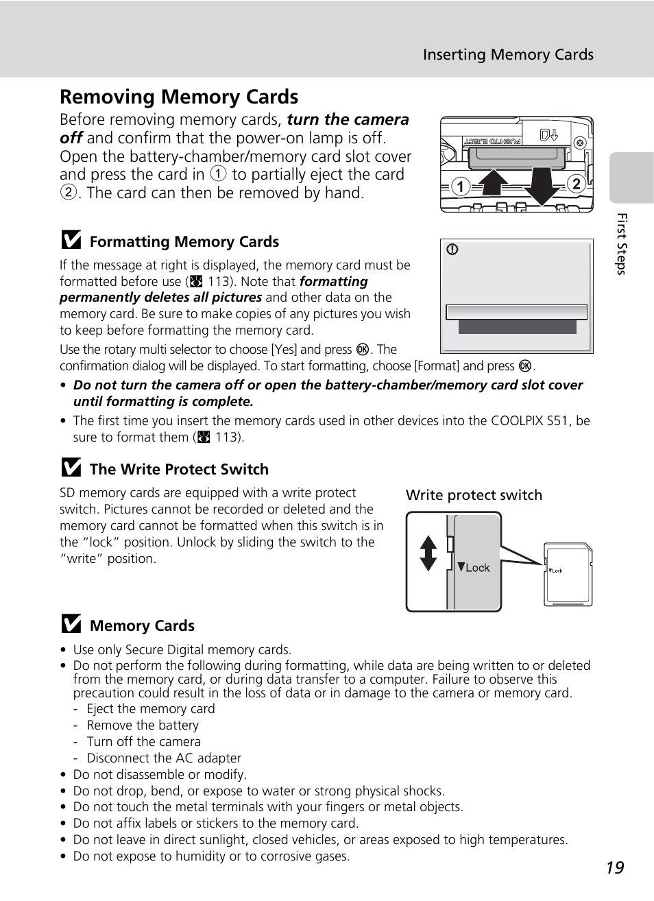 Removing memory cards | Nikon S51 User Manual | Page 31 / 151