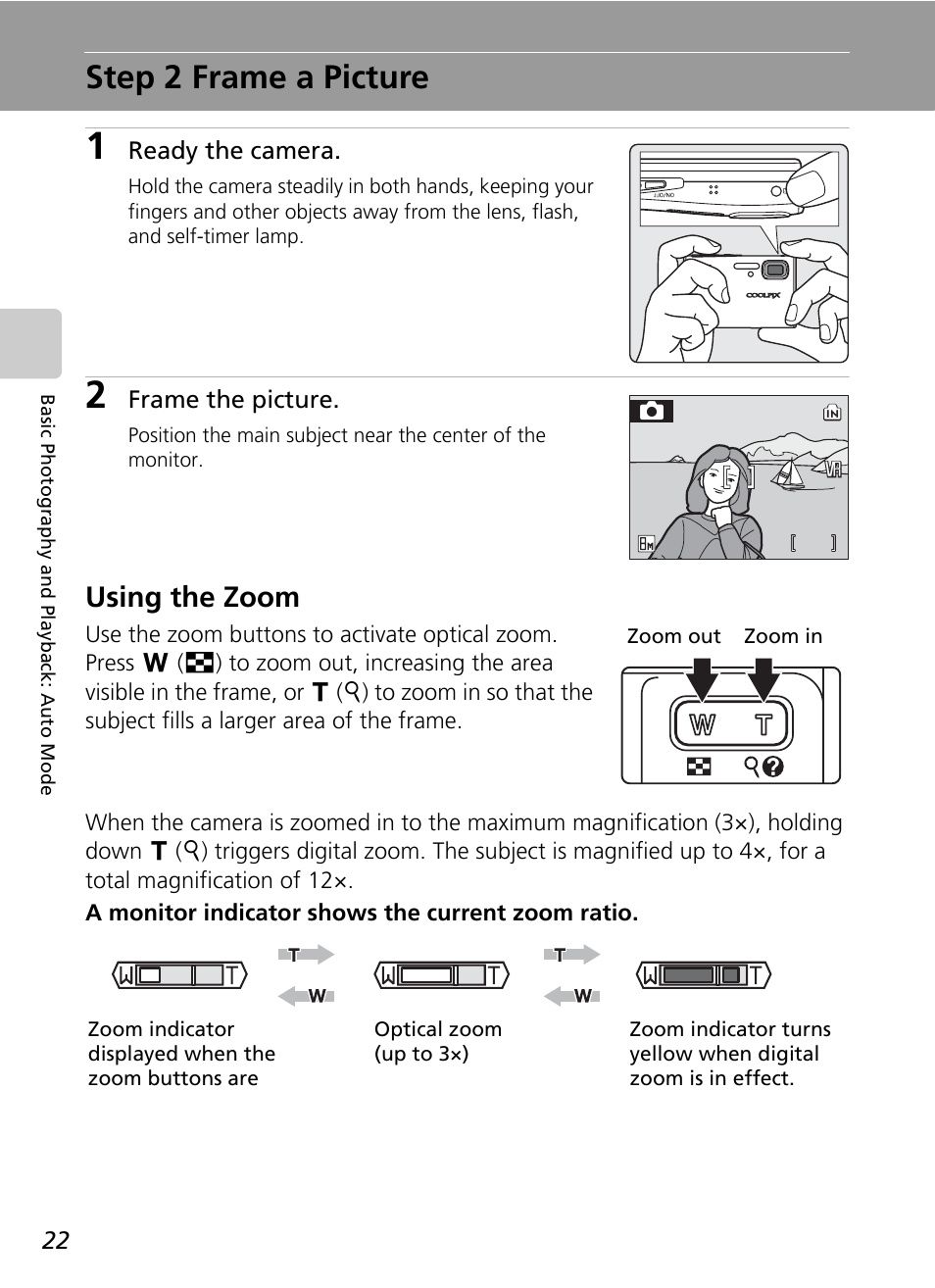 Step 2 frame a picture, C 22, Using the zoom | Nikon S51 User Manual | Page 34 / 151