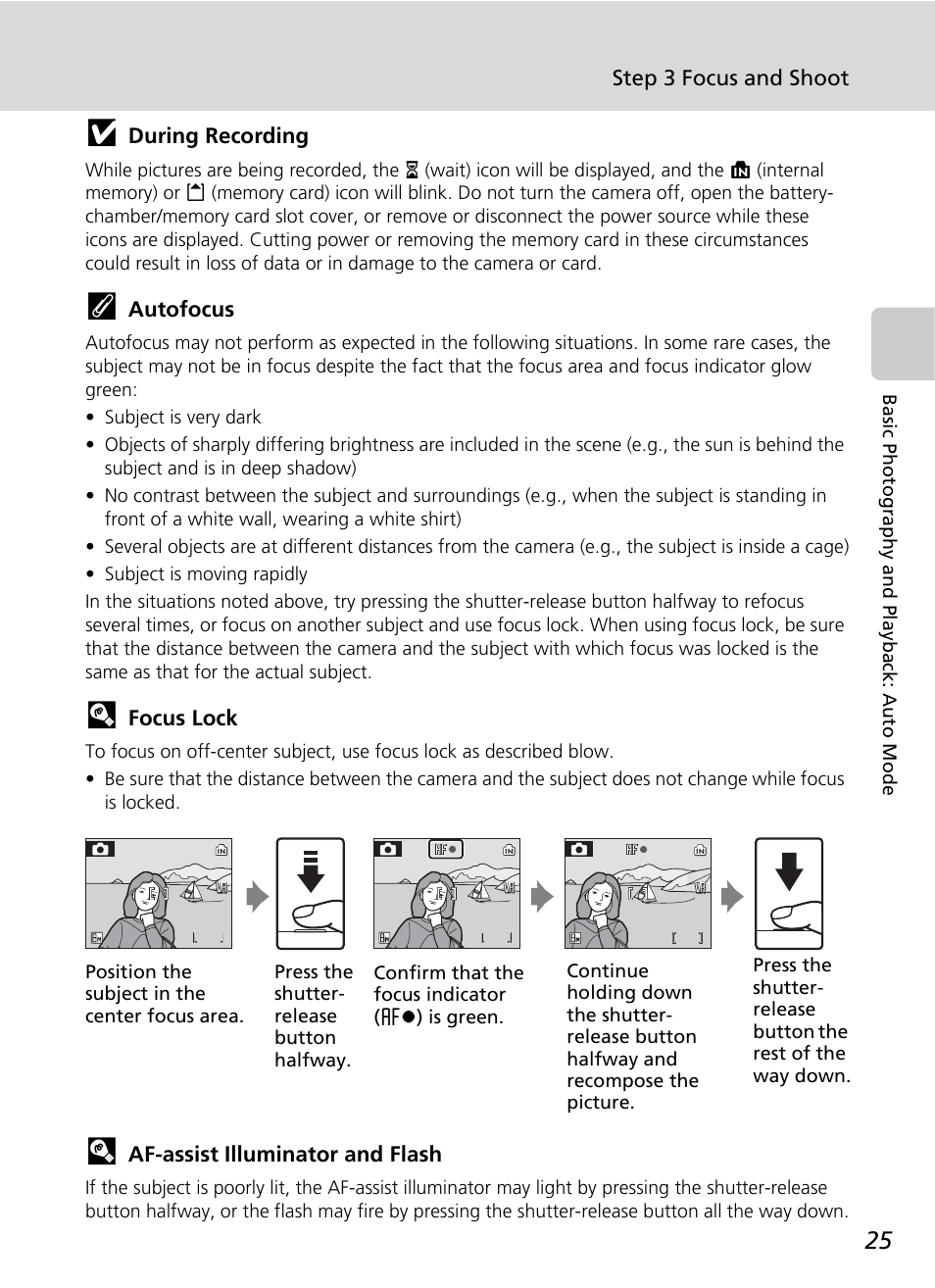 Step 3 focus and shoot, During recording, Autofocus | Focus lock, Af-assist illuminator and flash | Nikon S51 User Manual | Page 37 / 151