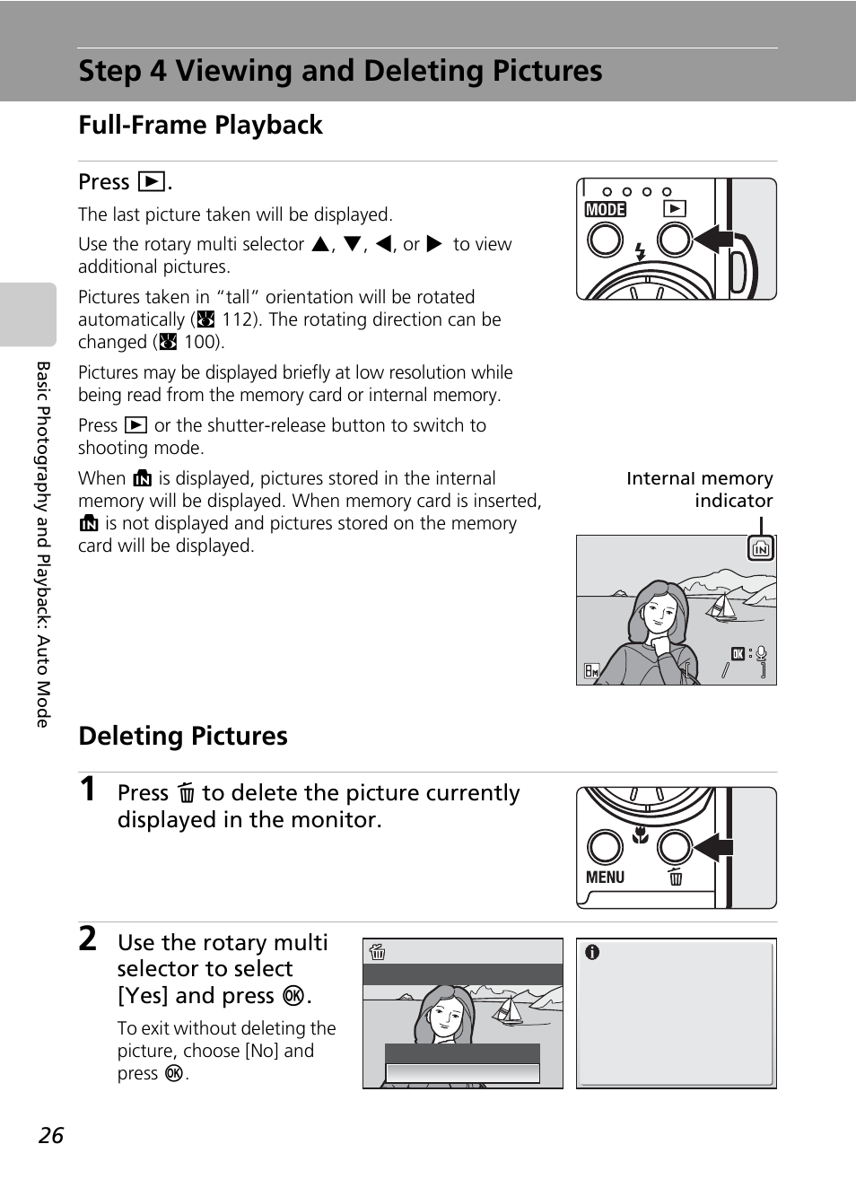 Step 4 viewing and deleting pictures, C 26, C 26) wi | C 26), Full-frame playback, Deleting pictures | Nikon S51 User Manual | Page 38 / 151