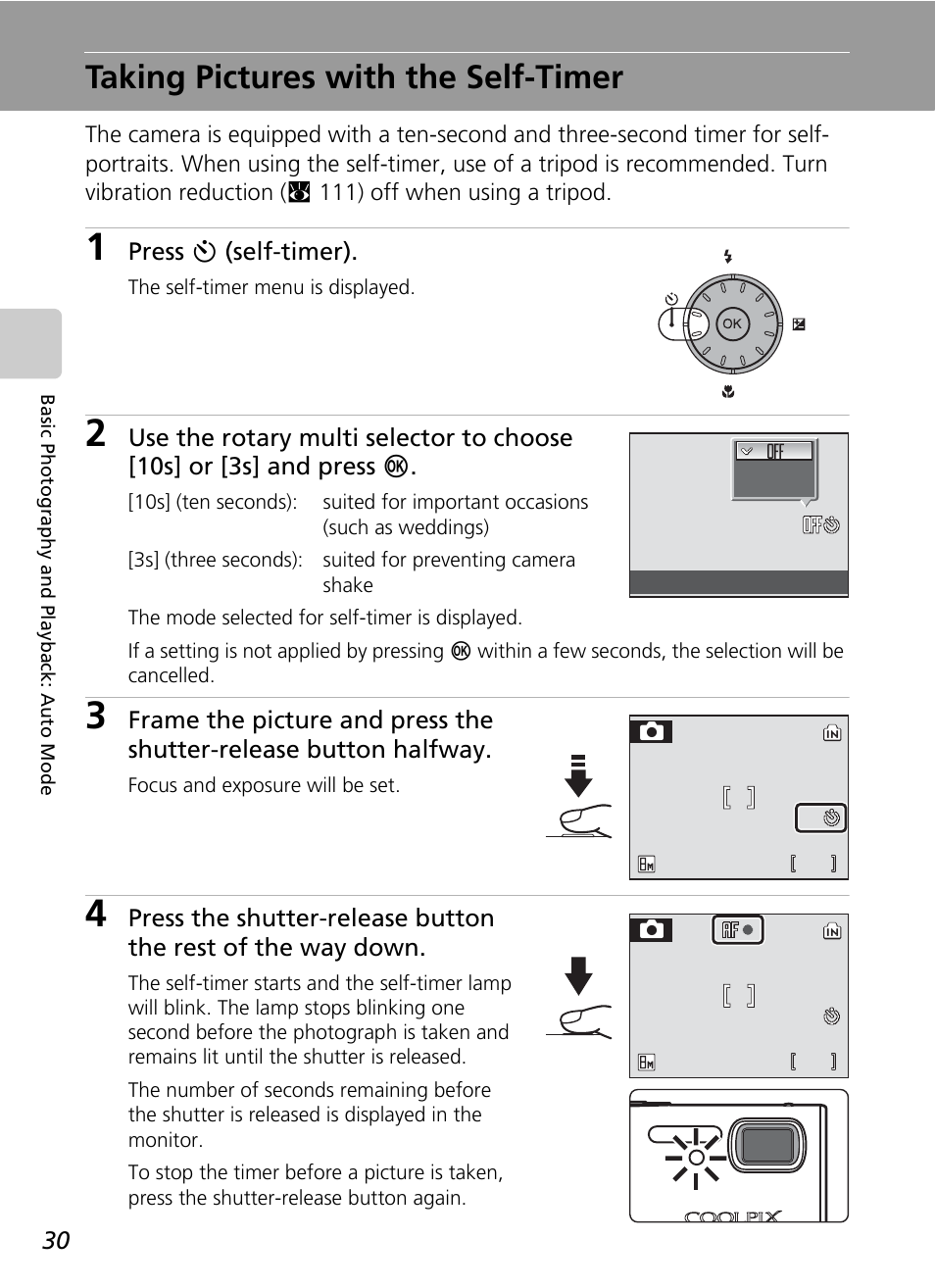 Taking pictures with the self-timer, C 30, C 30). press | Nikon S51 User Manual | Page 42 / 151