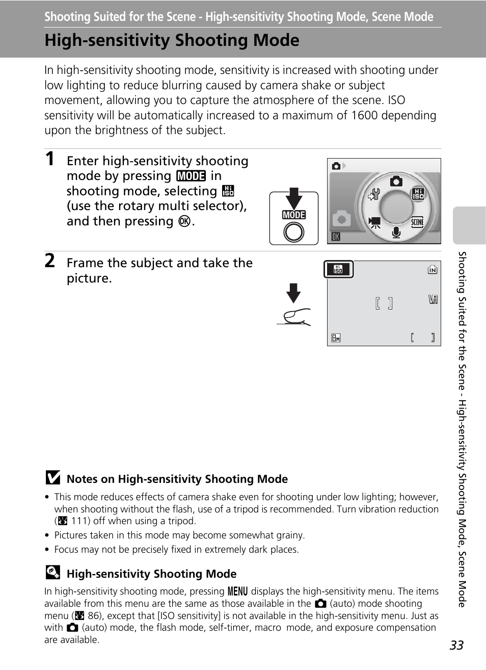 High-sensitivity shooting mode, Shooting suited for the scene, High-sensitivity shooting mode, scene mode | Scene mode, C 33 | Nikon S51 User Manual | Page 45 / 151
