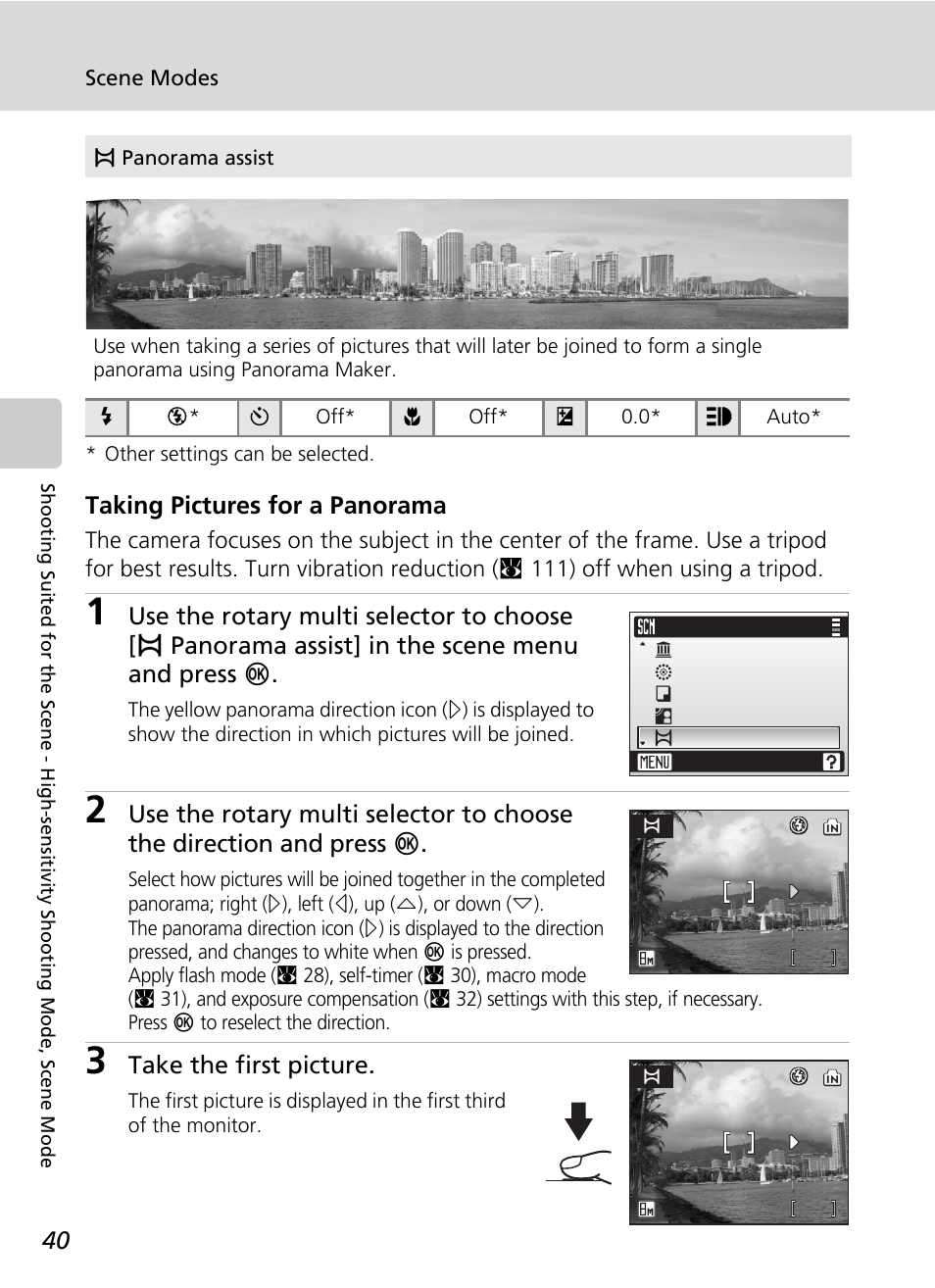 Taking pictures for a panorama, Take the first picture | Nikon S51 User Manual | Page 52 / 151