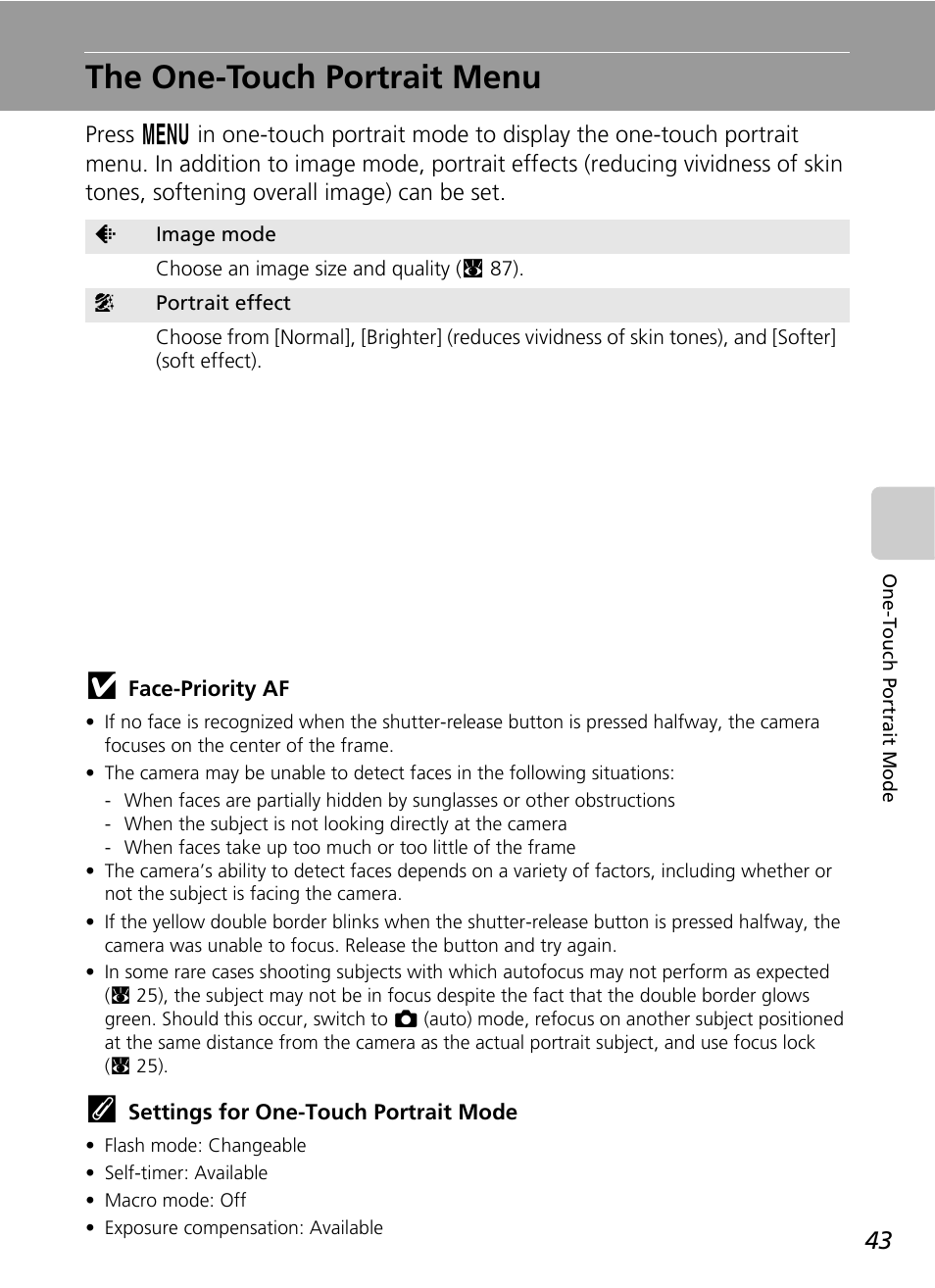 The one-touch portrait menu, C 43) | Nikon S51 User Manual | Page 55 / 151