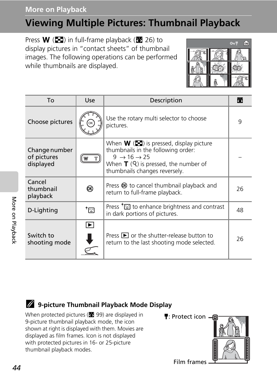 More on playback, Viewing multiple pictures: thumbnail playback, C 44 | Nikon S51 User Manual | Page 56 / 151