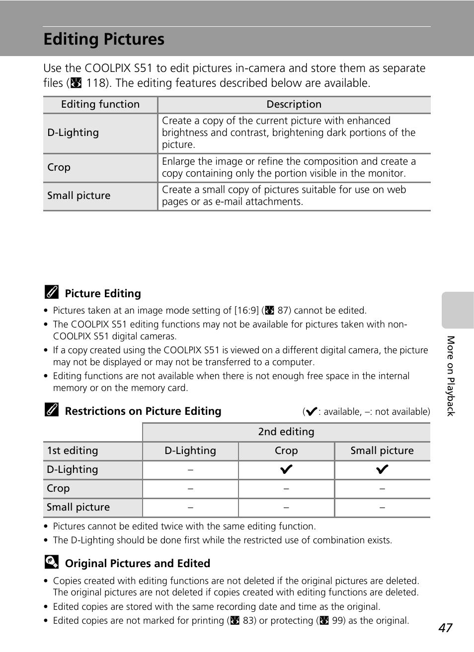 Editing pictures | Nikon S51 User Manual | Page 59 / 151