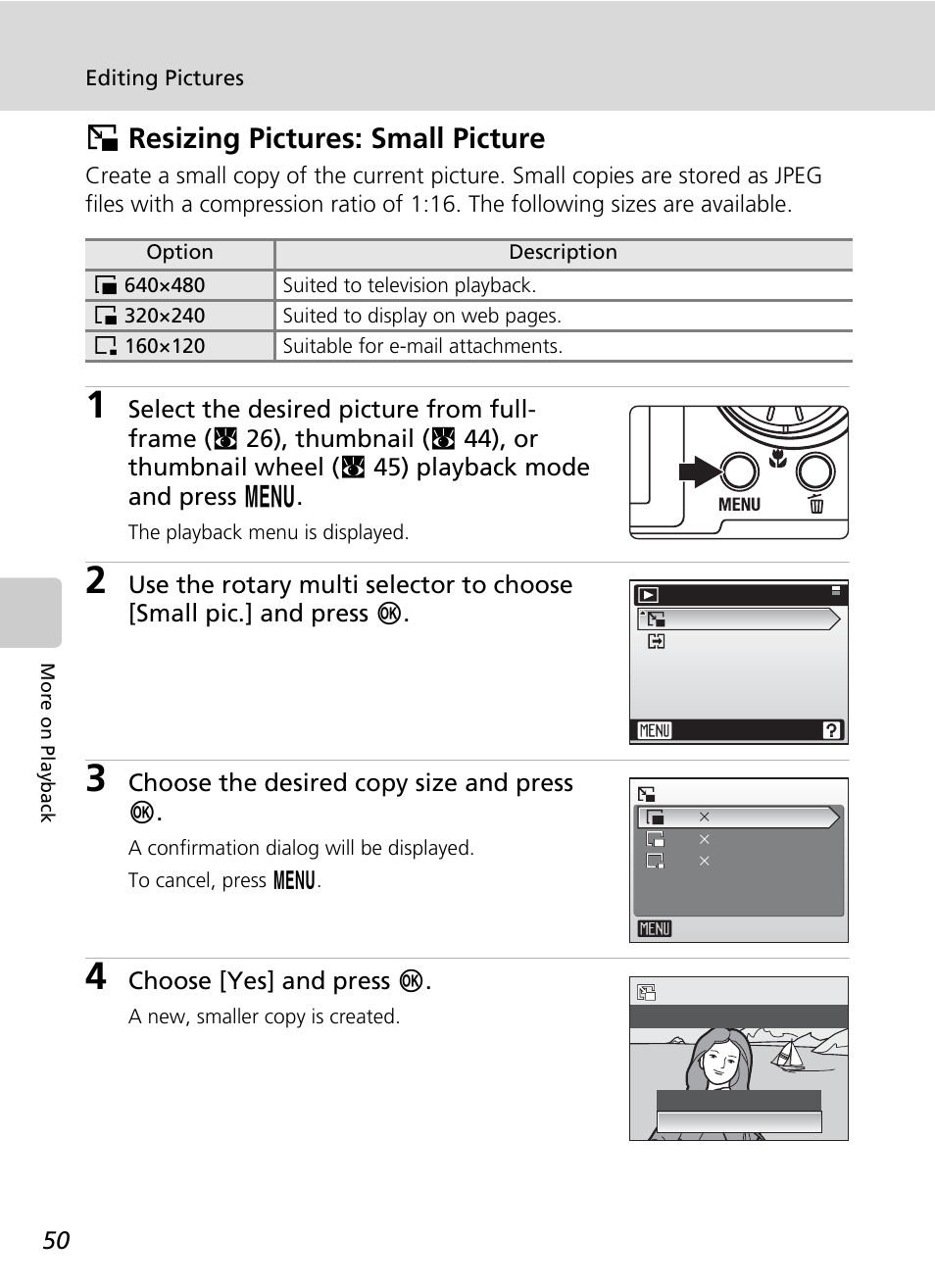 Resizing pictures: small picture, Small picture, Hresizing pictures: small picture | Nikon S51 User Manual | Page 62 / 151