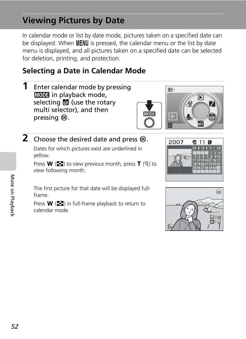 Viewing pictures by date, C 52), Selecting a date in calendar mode | Nikon S51 User Manual | Page 64 / 151