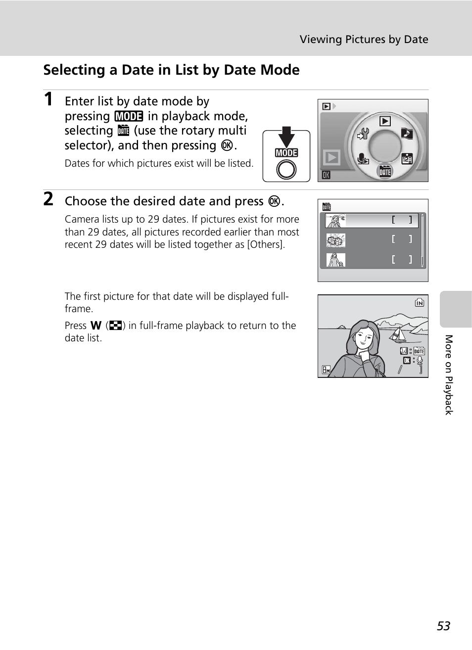 C 53), Selecting a date in list by date mode, Choose the desired date and press d | Nikon S51 User Manual | Page 65 / 151