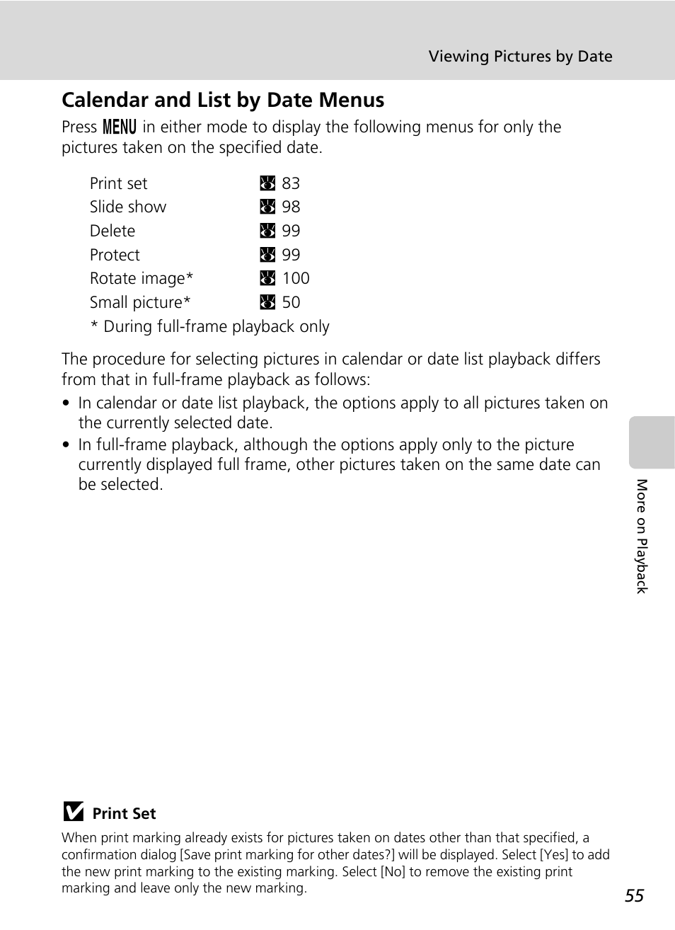 C 55), C 55, Calendar and list by date menus | Nikon S51 User Manual | Page 67 / 151