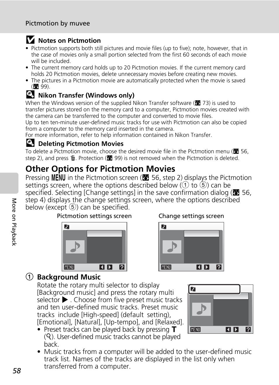 Other options for pictmotion movies, 1background music | Nikon S51 User Manual | Page 70 / 151