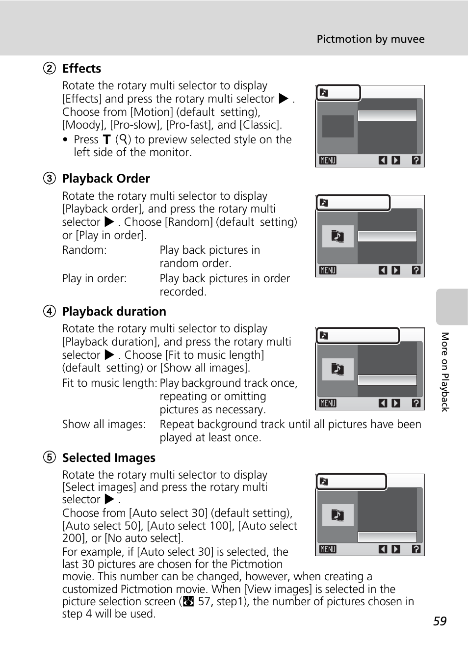 2effects, 3playback order, 4playback duration | 5selected images | Nikon S51 User Manual | Page 71 / 151