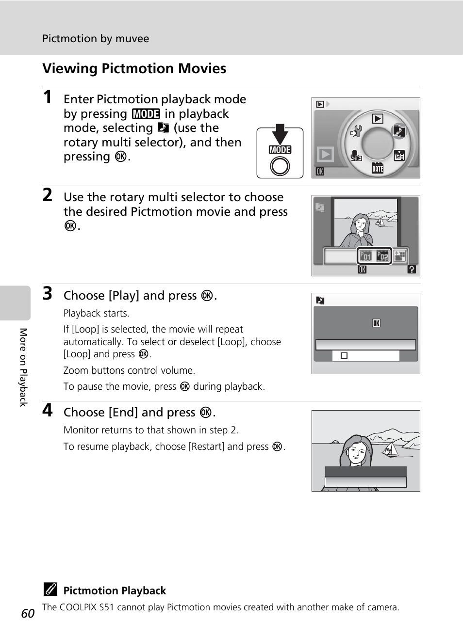 Viewing pictmotion movies | Nikon S51 User Manual | Page 72 / 151