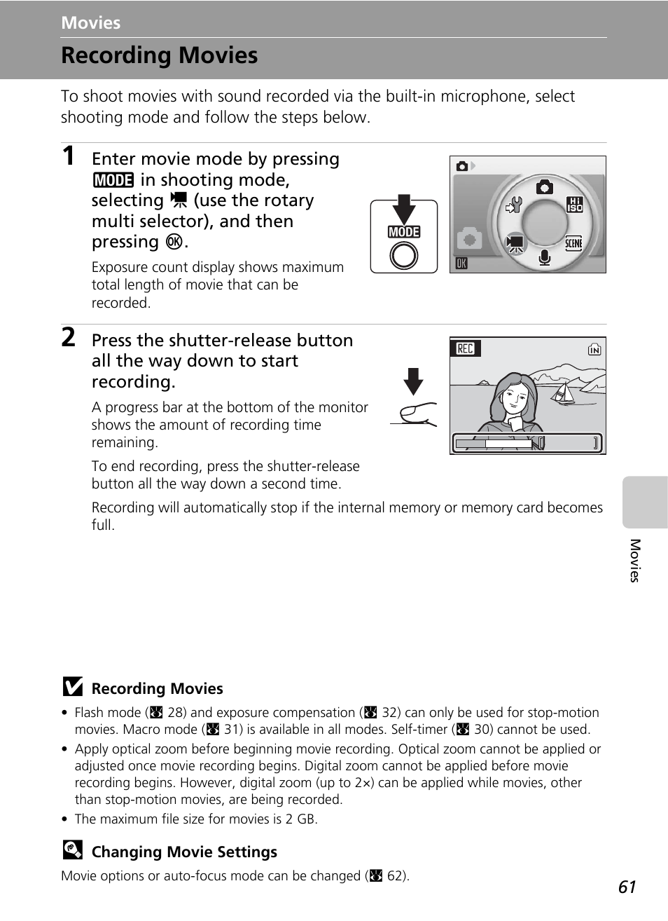 Movies, Recording movies, C 61) | Nikon S51 User Manual | Page 73 / 151