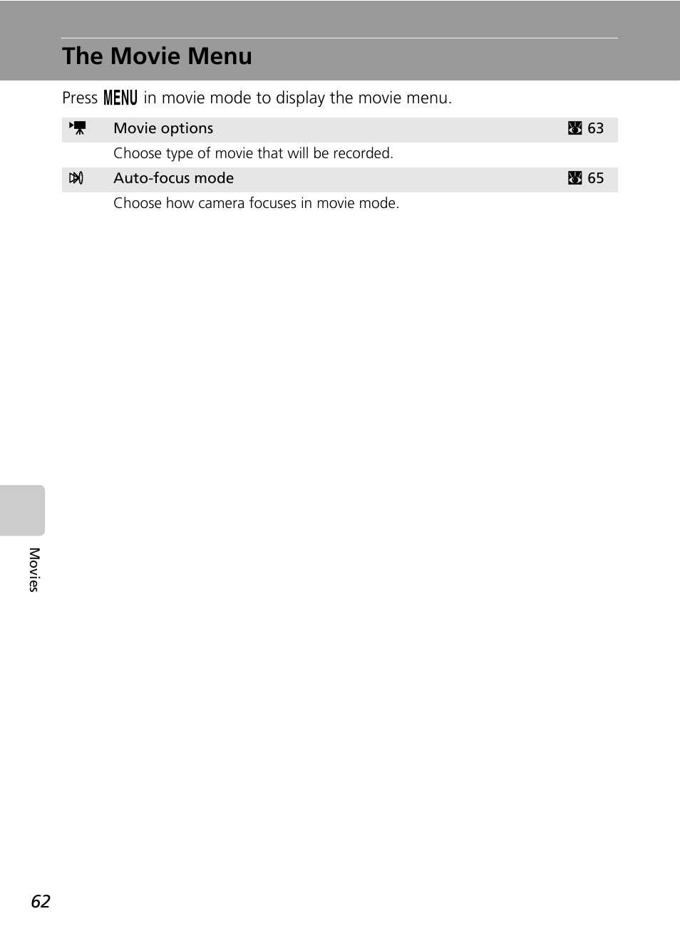 The movie menu, C 62) | Nikon S51 User Manual | Page 74 / 151