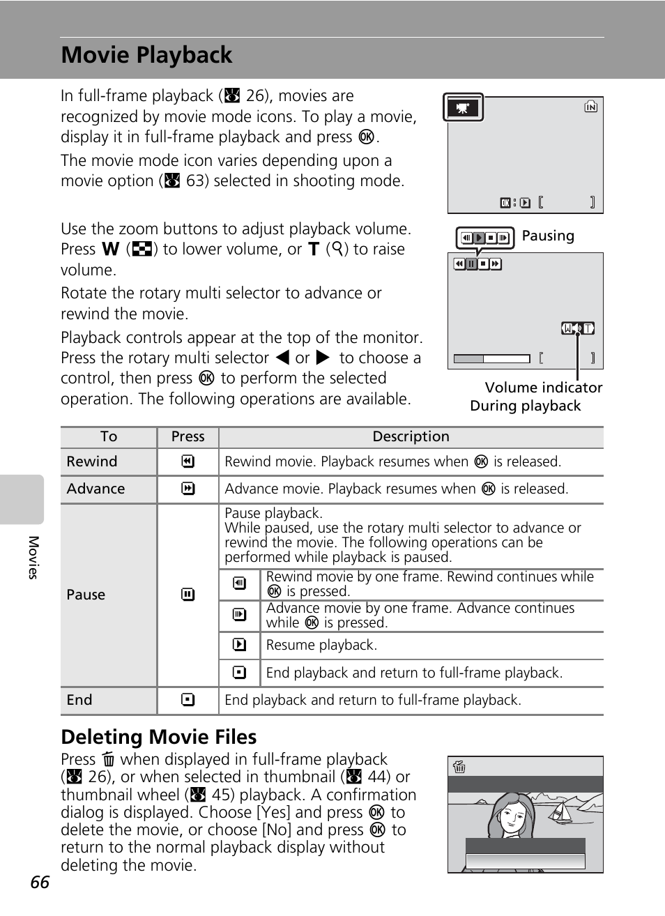 Movie playback, Deleting movie files | Nikon S51 User Manual | Page 78 / 151