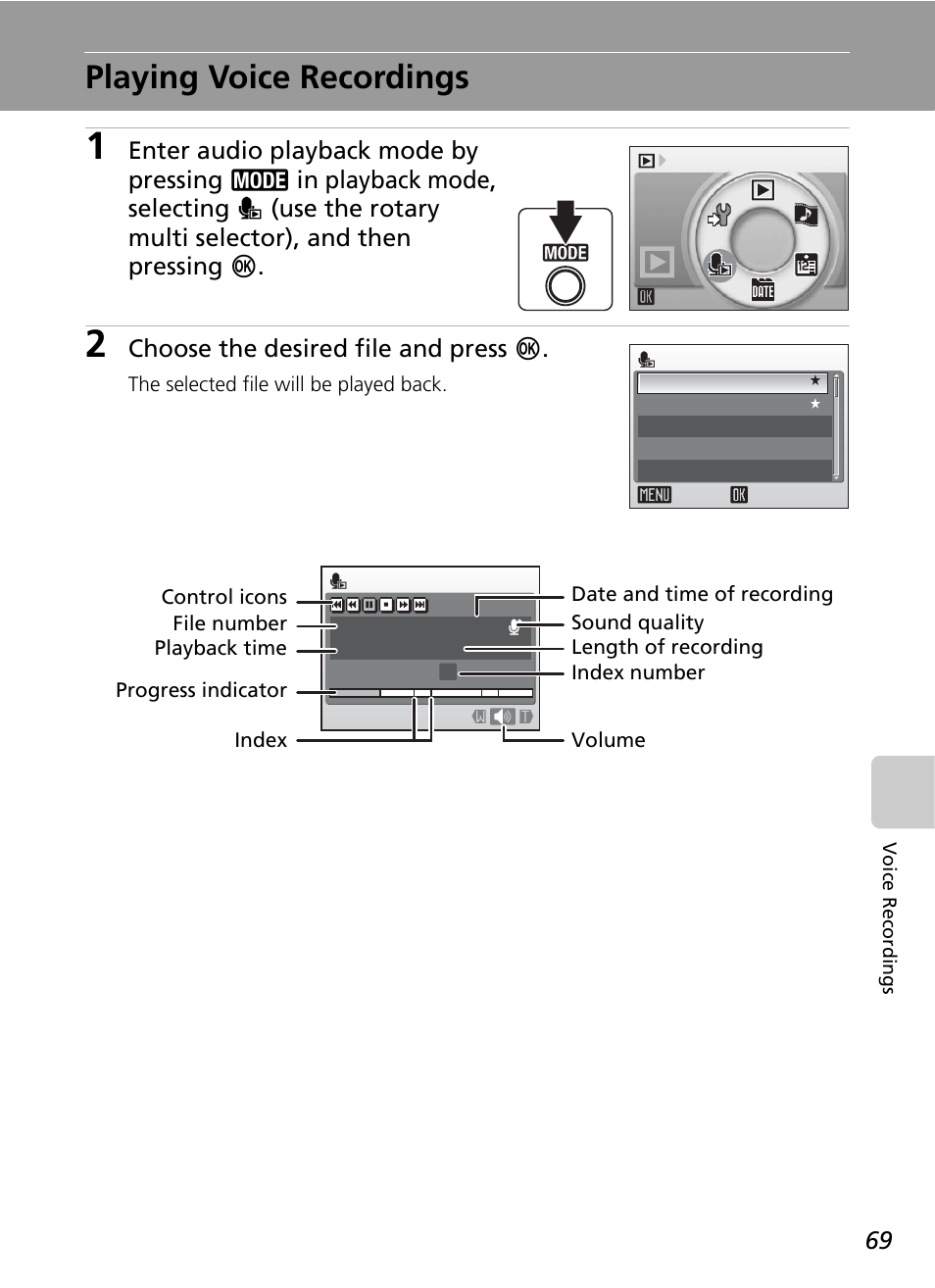 Playing voice recordings, C 69, C 69) | Choose the desired file and press d | Nikon S51 User Manual | Page 81 / 151