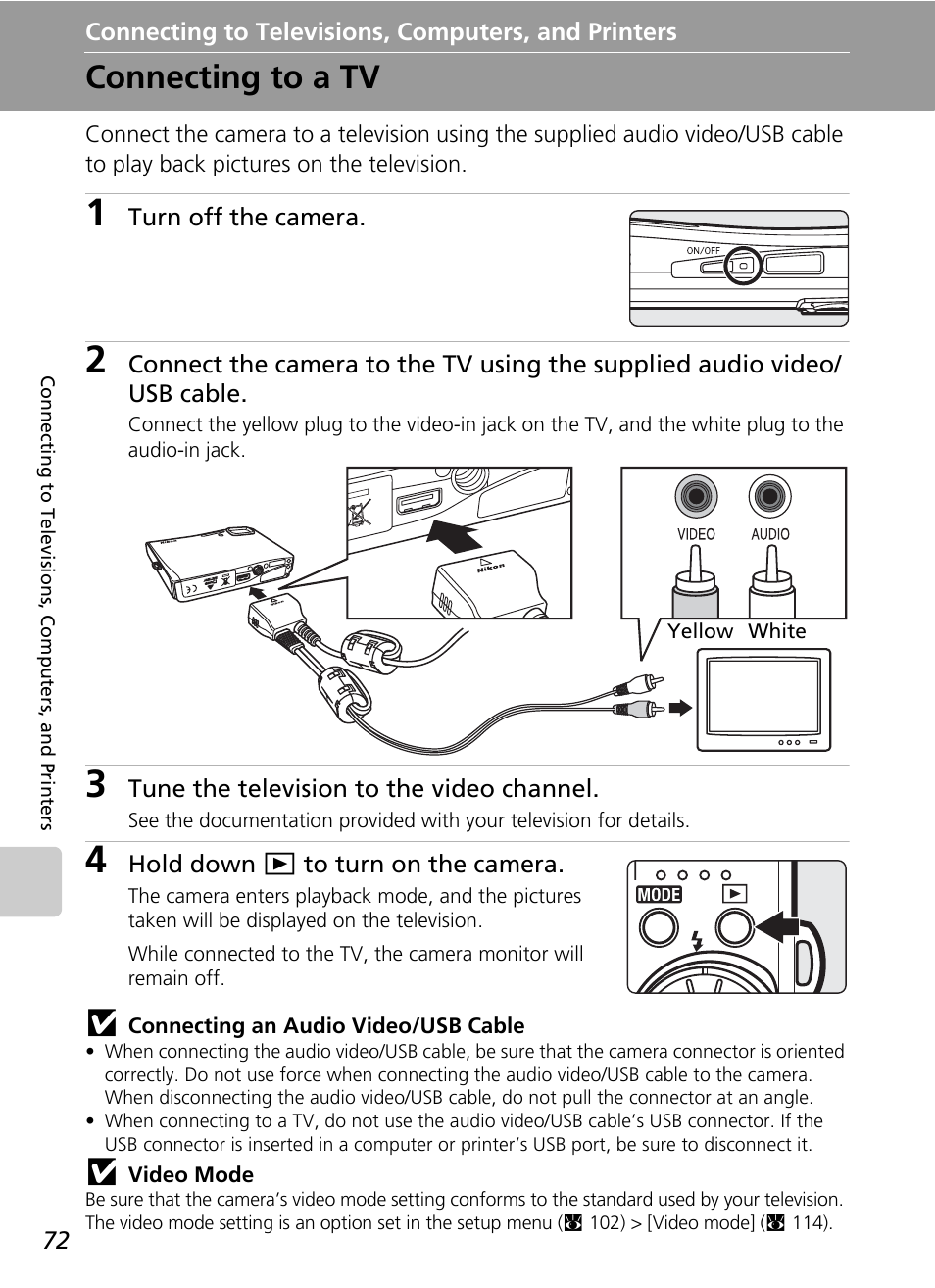 Connecting to televisions, computers, and printers, Connecting to a tv, C 72 | Nikon S51 User Manual | Page 84 / 151