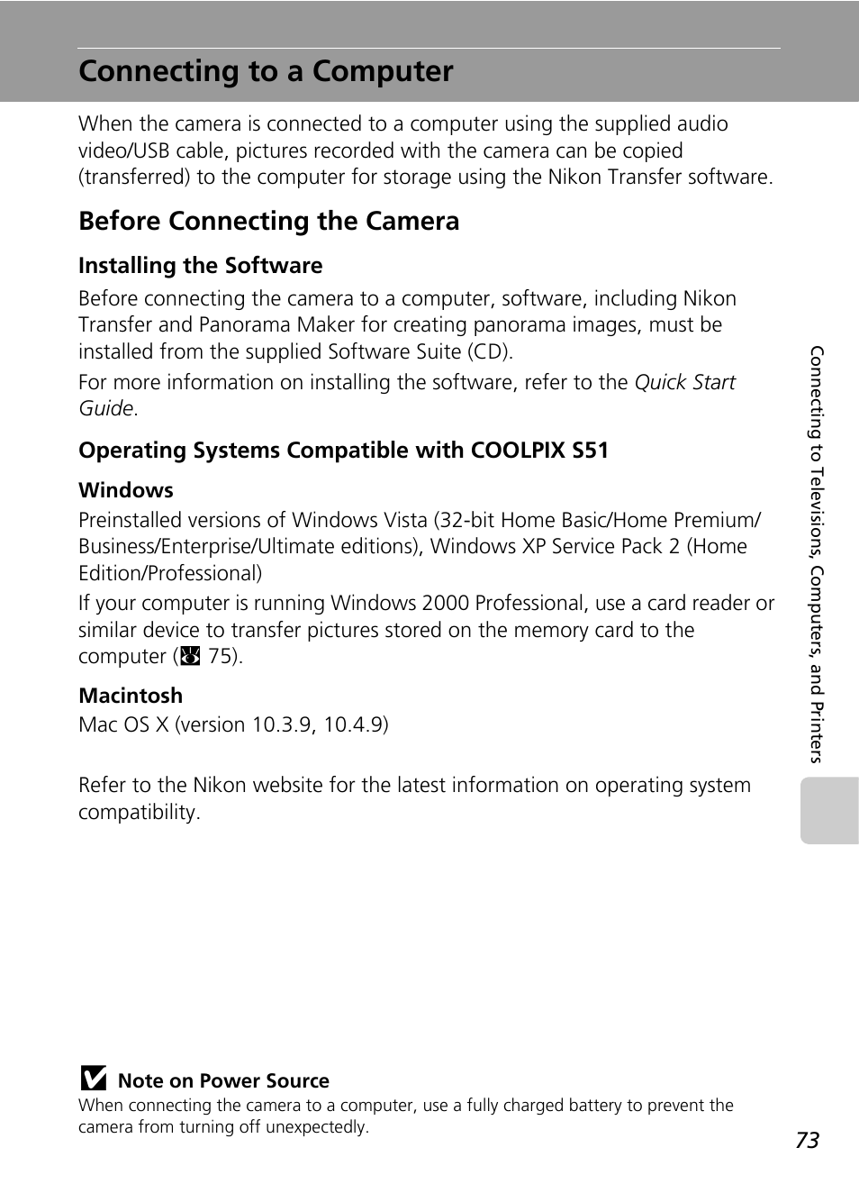 Connecting to a computer, Before connecting the camera, C 73) and | C 73 | Nikon S51 User Manual | Page 85 / 151