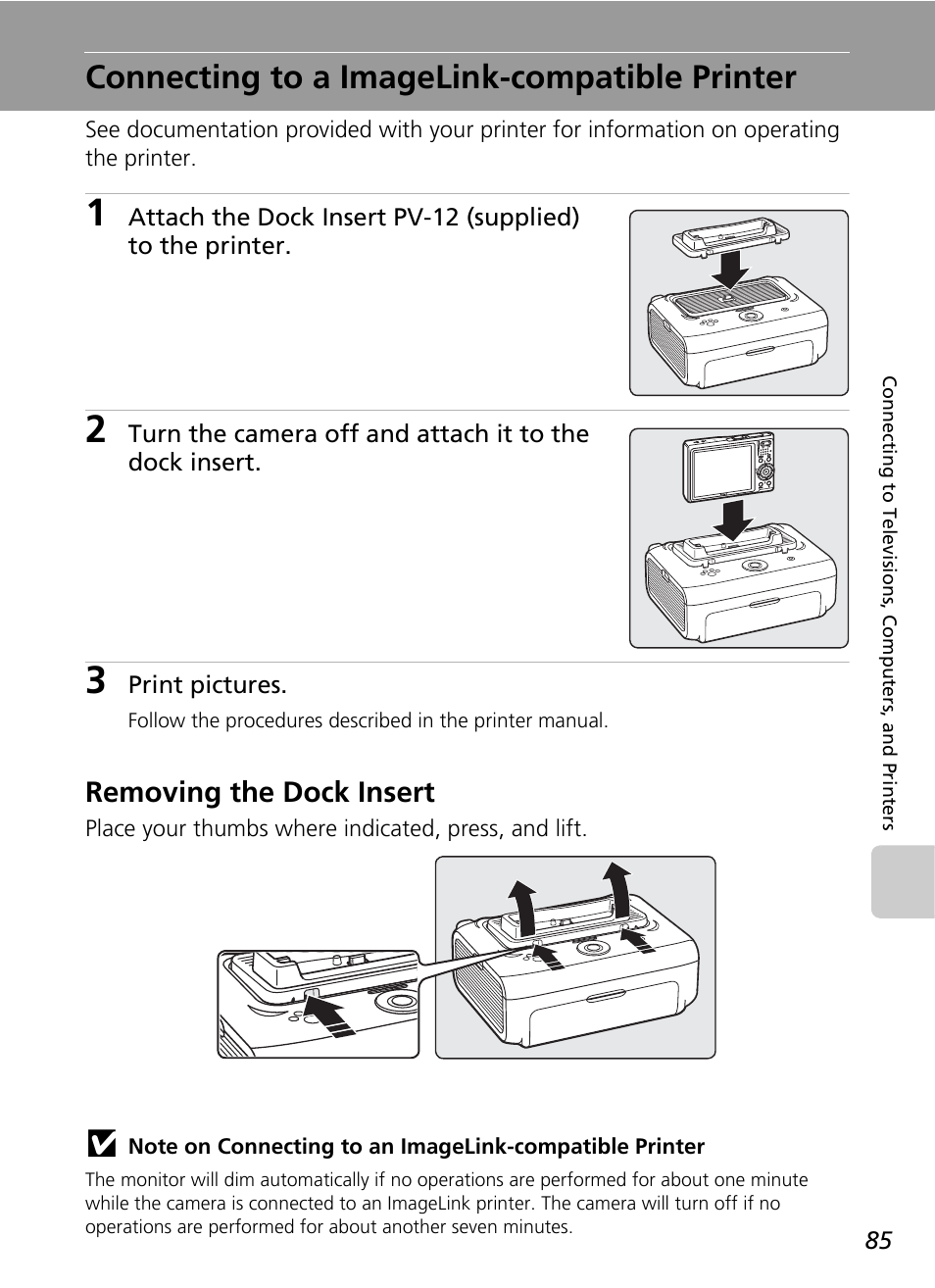 Connecting to a imagelink-compatible printer, Removing the dock insert | Nikon S51 User Manual | Page 97 / 151