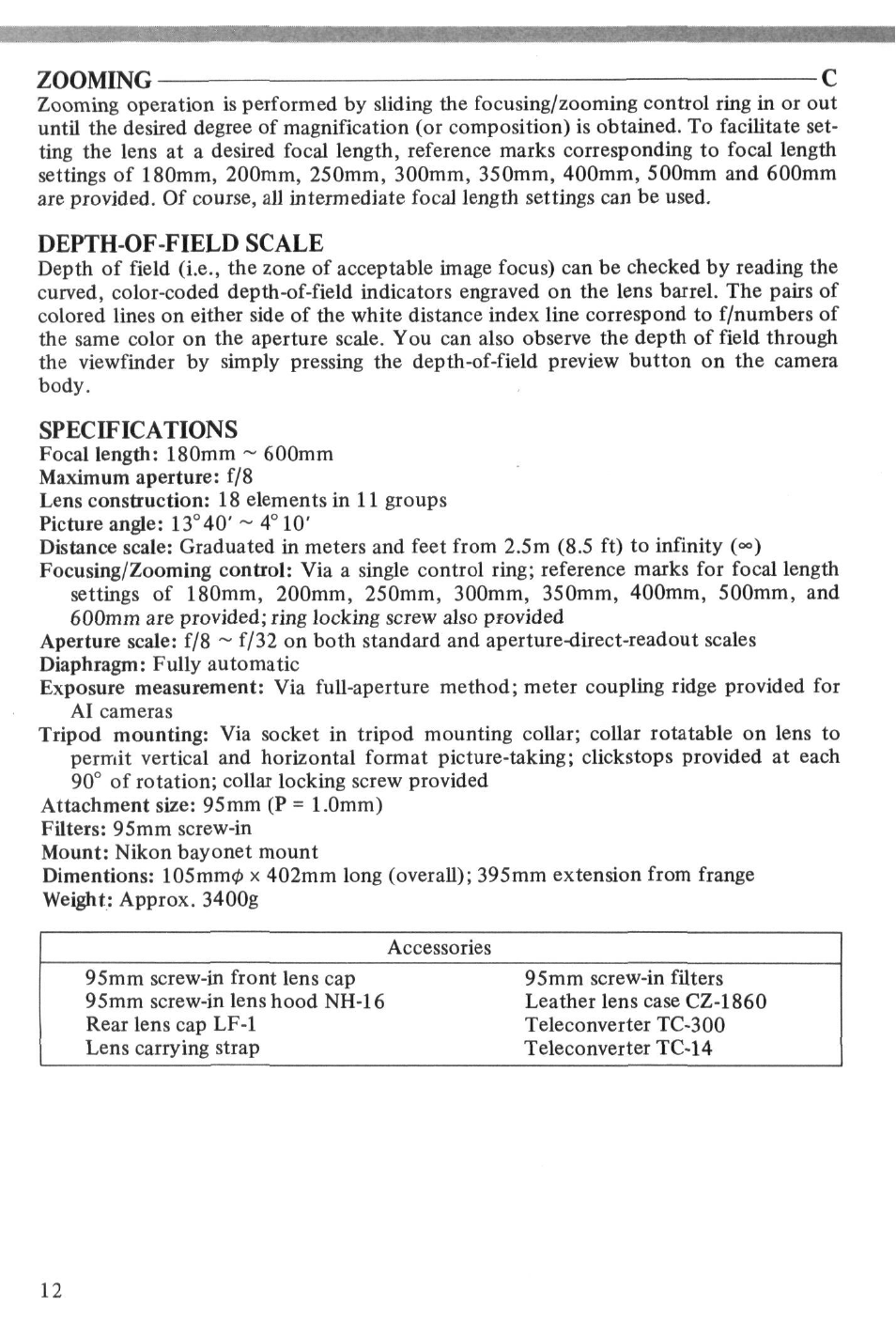 Zooming ^ c, Depth-of-field scale, Specifications | Nikon AI-S Zoom-NIKKOR 180-600mm f-8 User Manual | Page 12 / 28