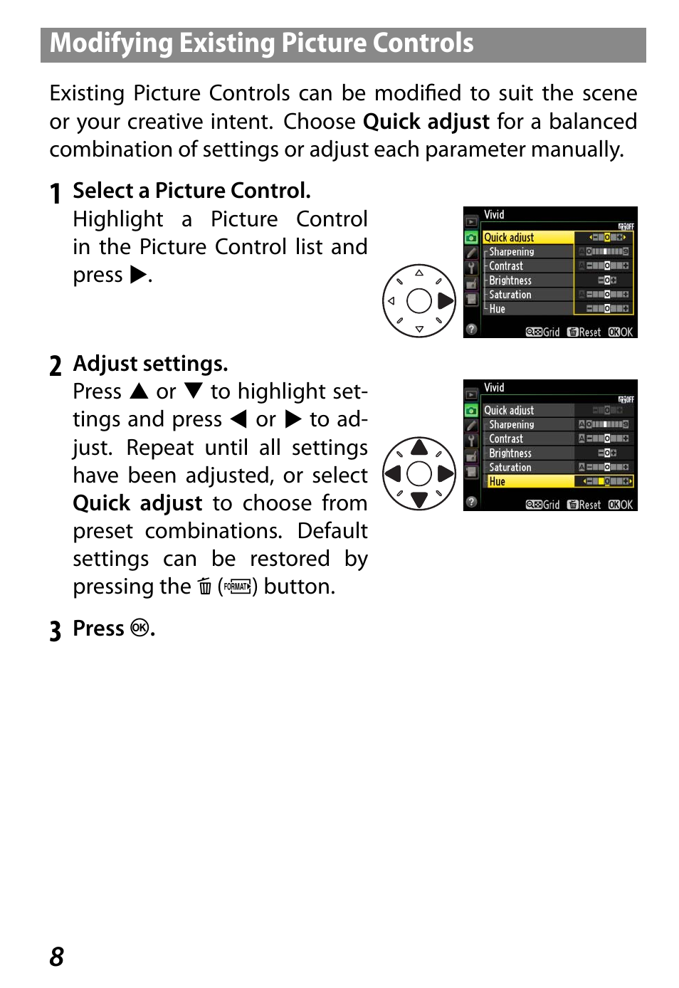 Modifying existing picture controls, 8modifying existing picture controls | Nikon D800 User Manual | Page 10 / 48