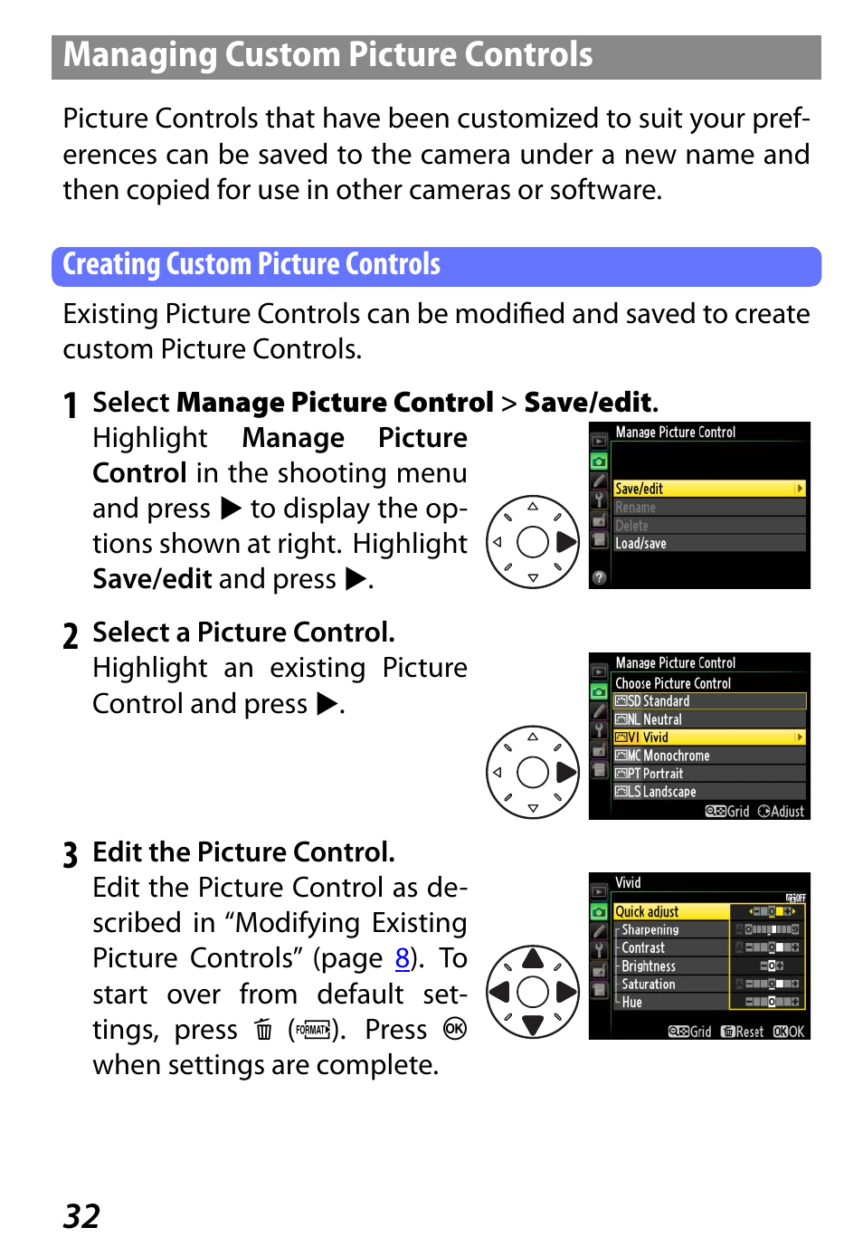 Managing custom picture controls, Creating custom picture controls, 32 managing custom picture controls | Nikon D800 User Manual | Page 34 / 48