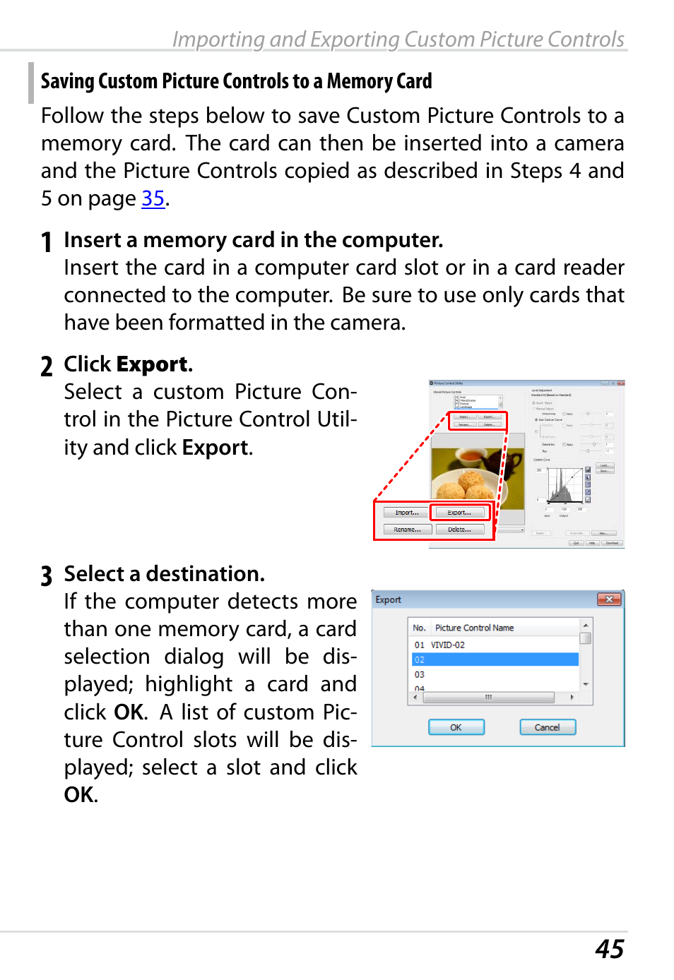 Saving custom picture controls to a memory card | Nikon D800 User Manual | Page 47 / 48