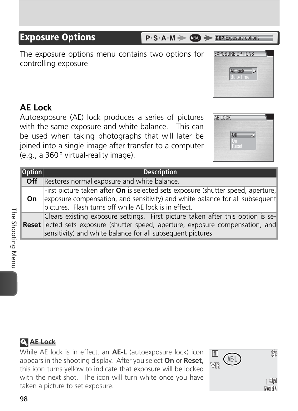 Exposure options, Ae lock | Nikon 8800 User Manual | Page 108 / 170