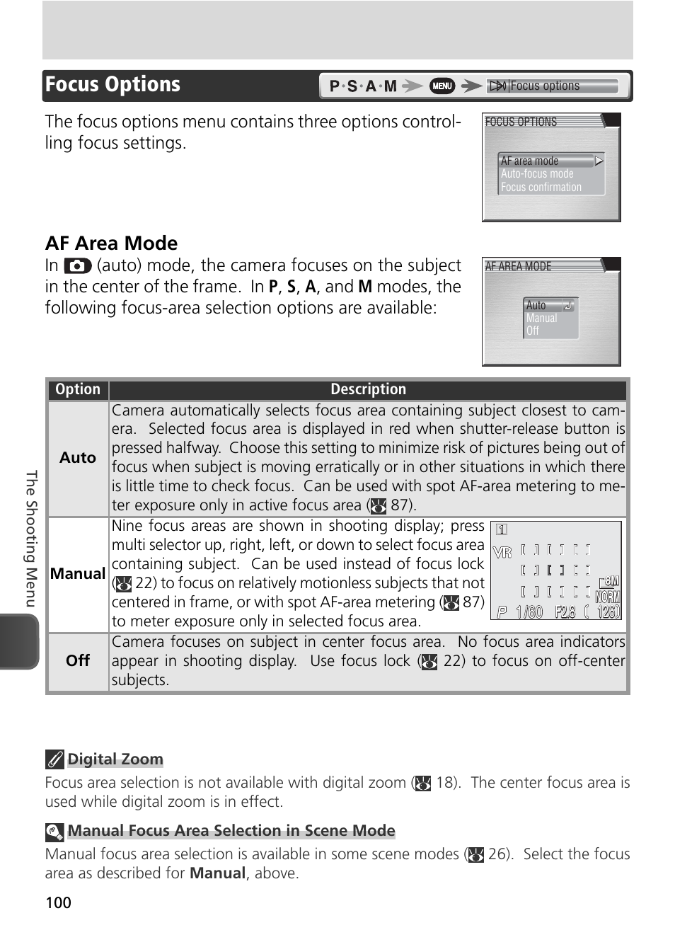 Focus options, Af area mode | Nikon 8800 User Manual | Page 110 / 170