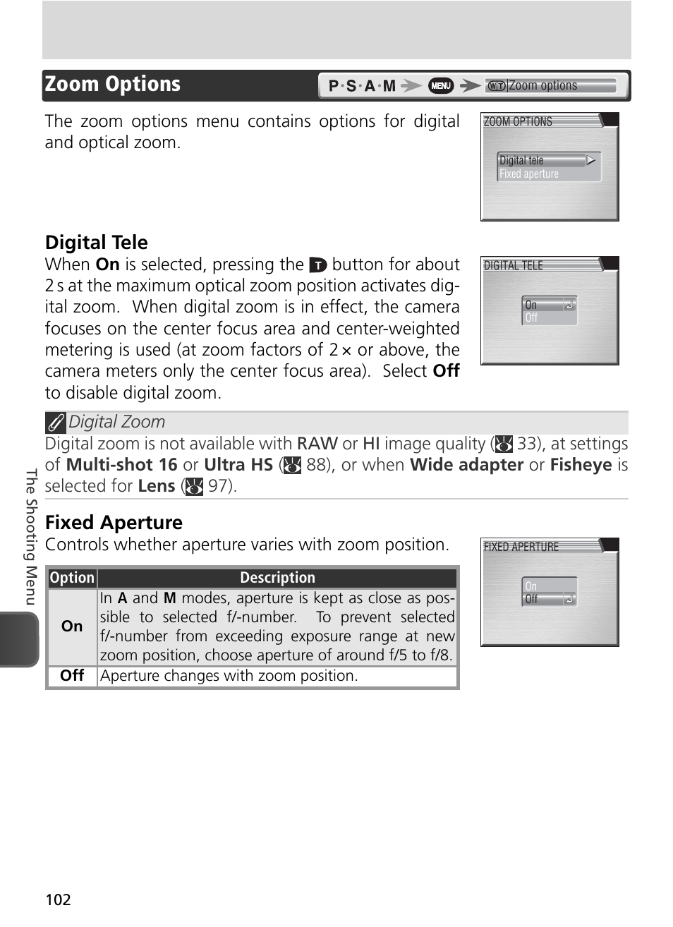Zoom options, Digital tele, Fixed aperture | Nikon 8800 User Manual | Page 112 / 170
