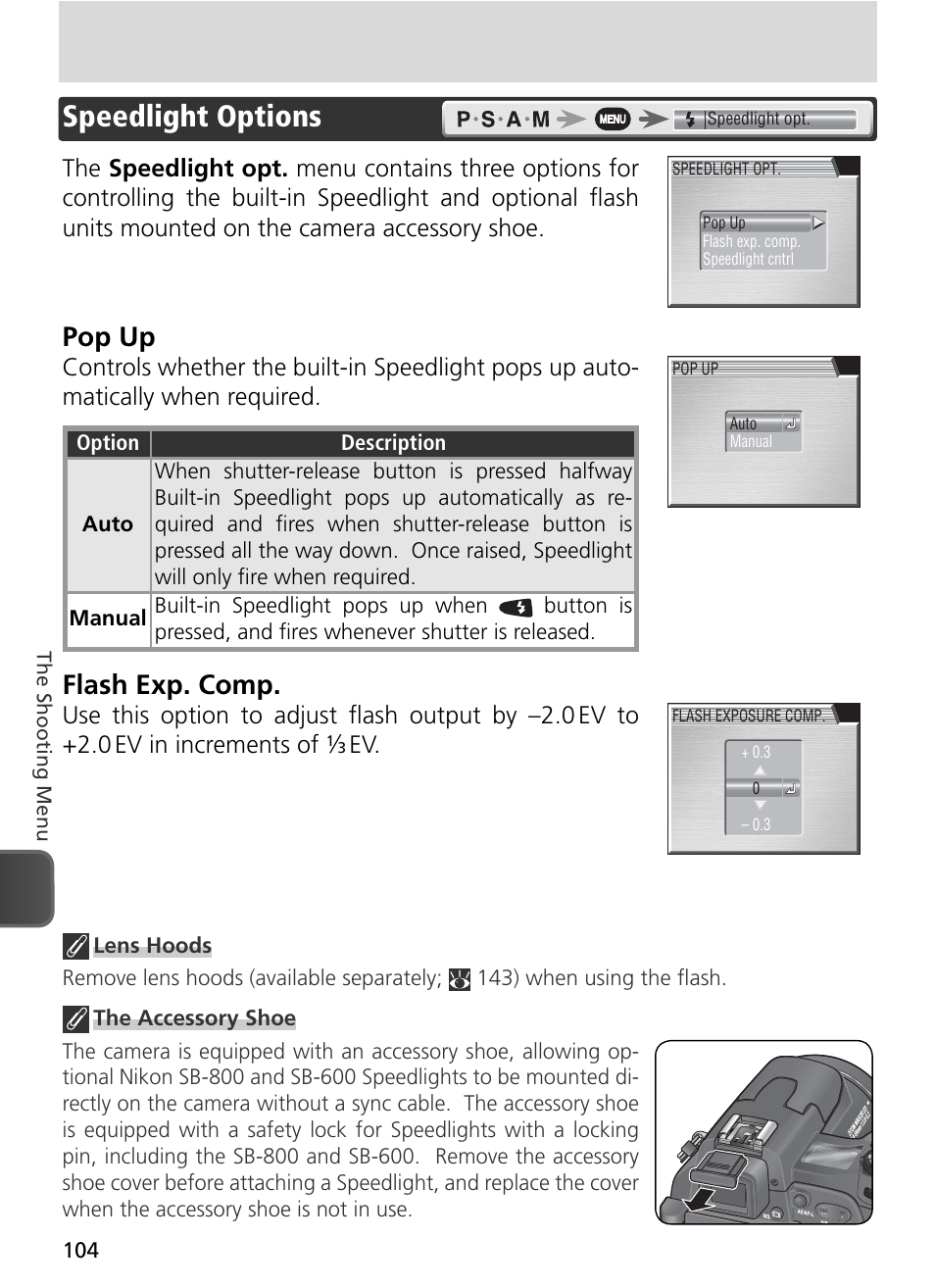 Speedlight options, Pop up, Flash exp. comp | Nikon 8800 User Manual | Page 114 / 170